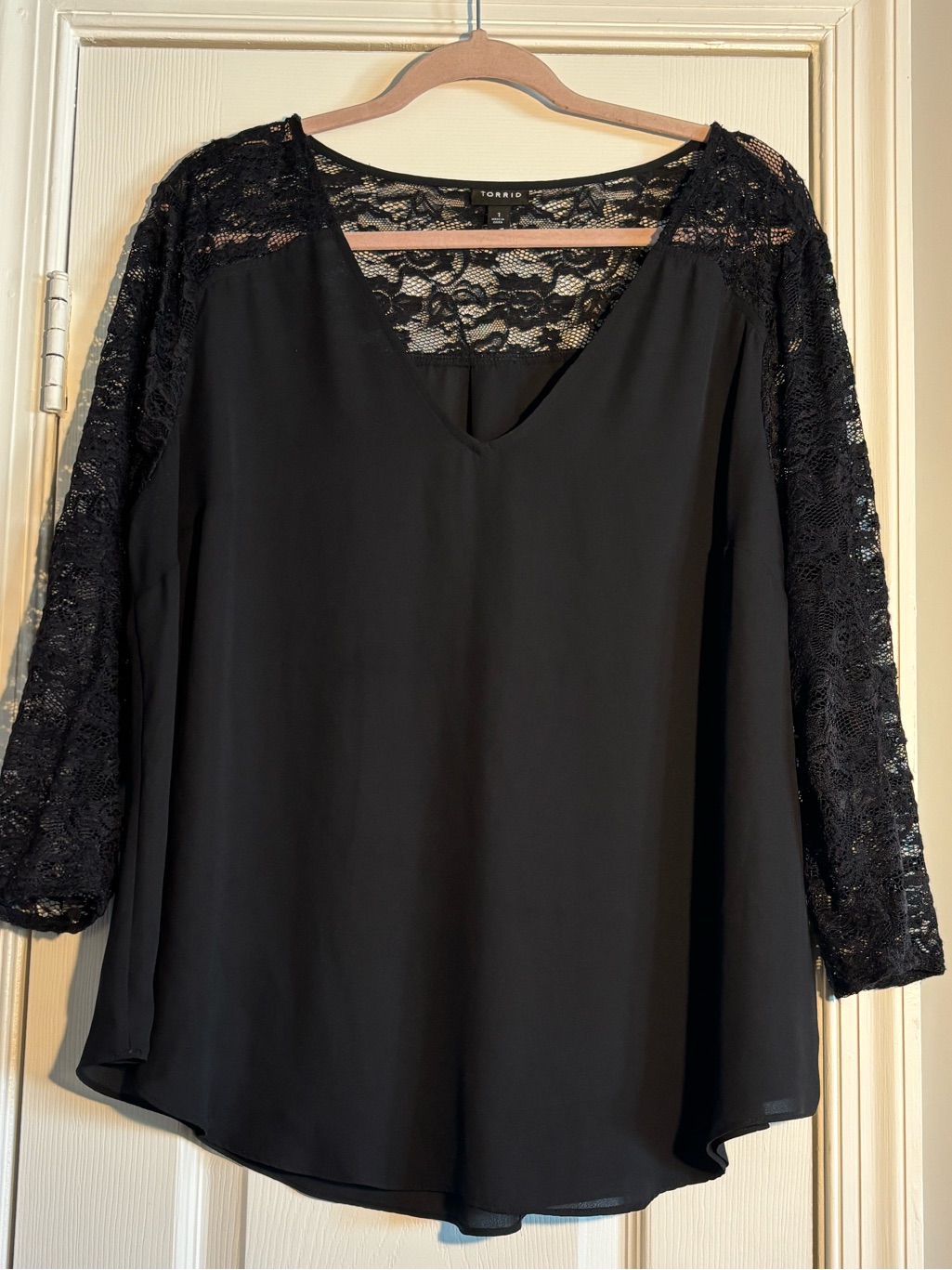 Torrid Black V-Neck Blouse With Lace Shoulders And Sleeves